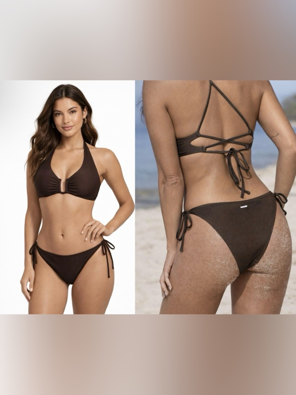 Berlook Two Piece Dark Brown U Front Bikini Swimsuit Size L Top Bottom M NEW